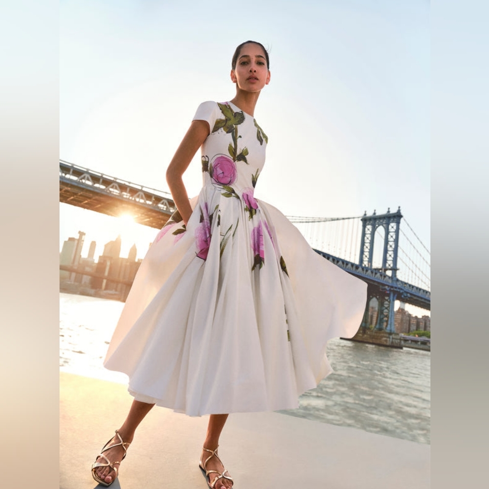 □$3,000 LOOK LIKE OSCAR DE LA RENTA - NO DESIGNER LABLE MIDI DRESS US L - Picture 3 of 7